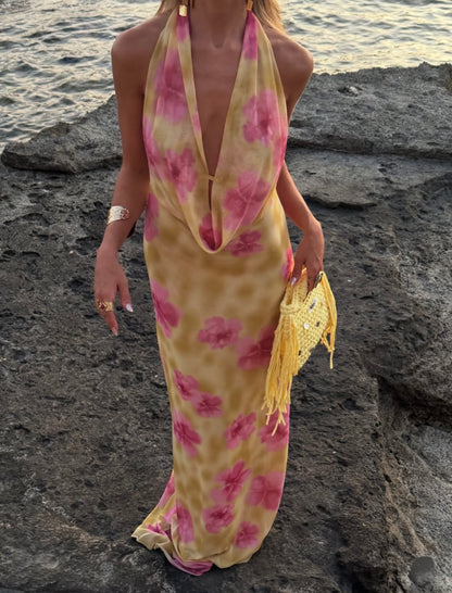 Columbine Maxi Dress in Yellow with Pink Flowers