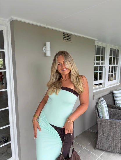 Rumi Strapless Maxi in Aqua/Choc