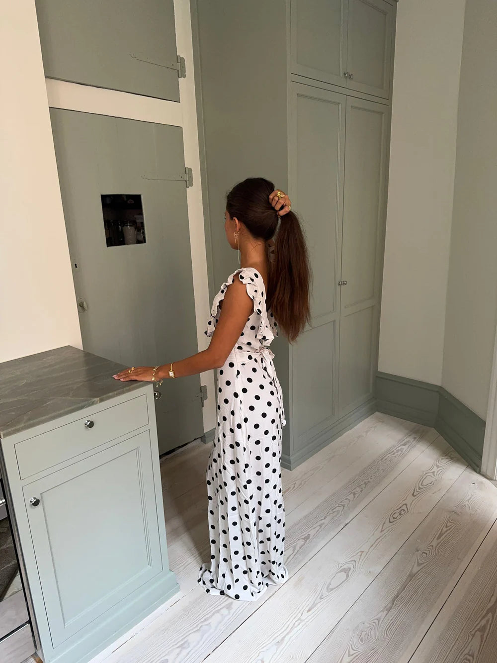 Luna Dress with Polka Dots in White/Black