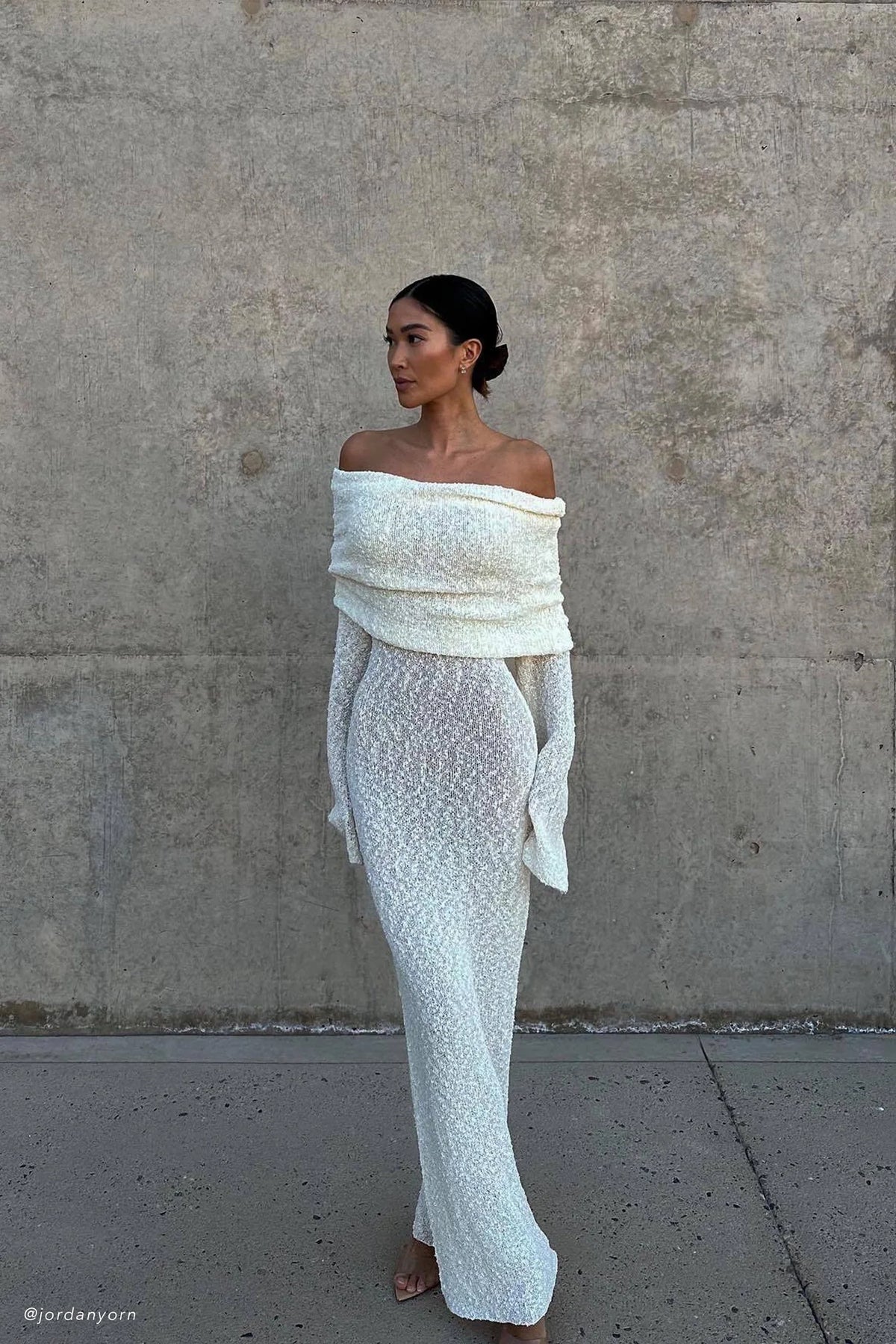 Marisol Off Shoulder Boucle Maxi Dress in Ivory