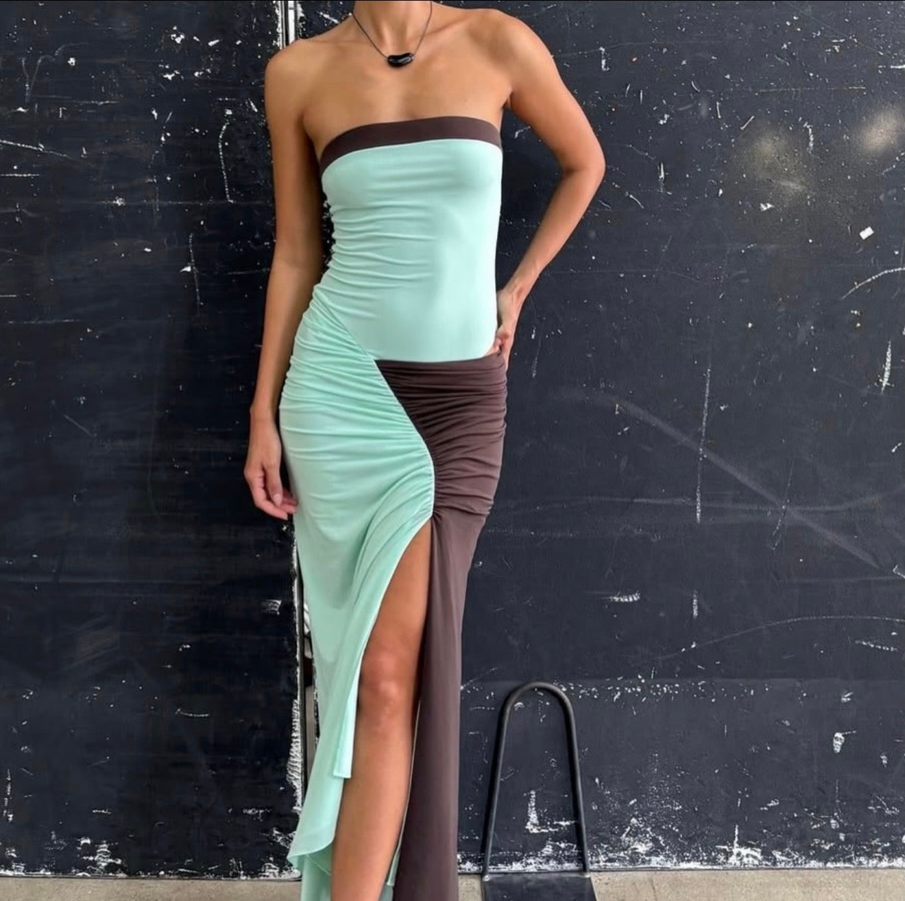 Rumi Strapless Maxi in Aqua/Choc