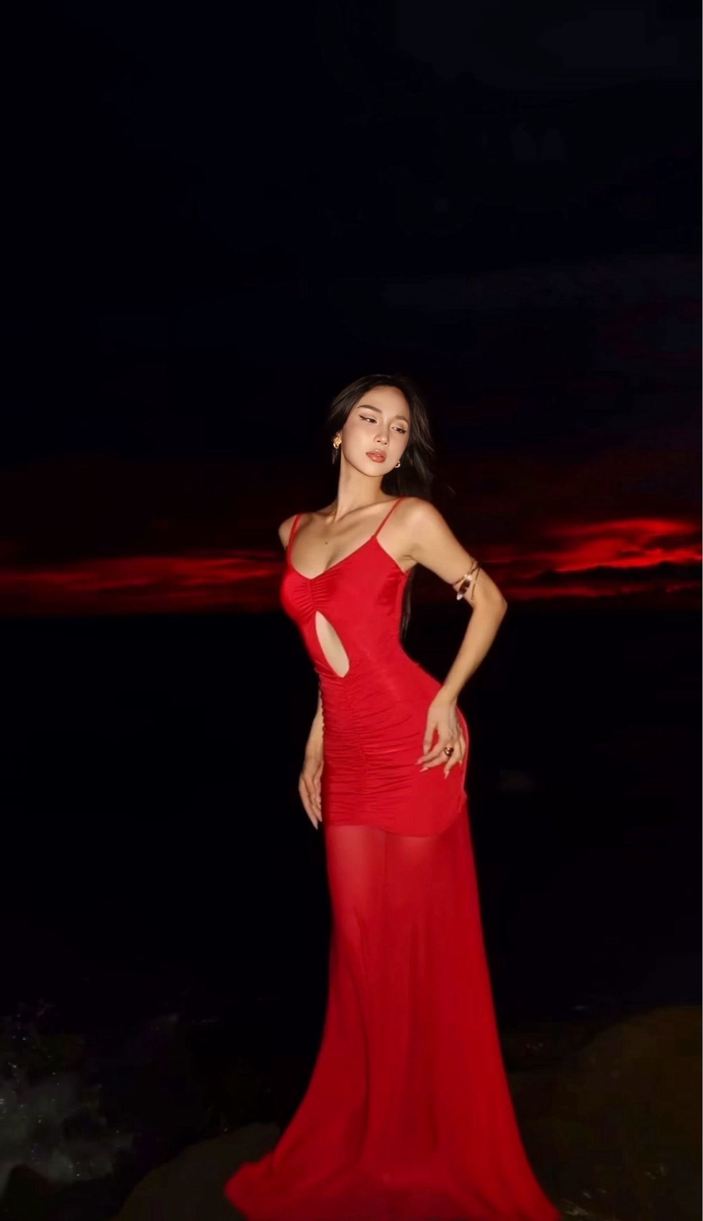 Delaney Slinky And Mesh Maxi Dress in Red