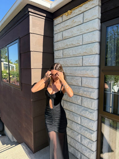 Delaney Slinky And Mesh Maxi Dress in Black