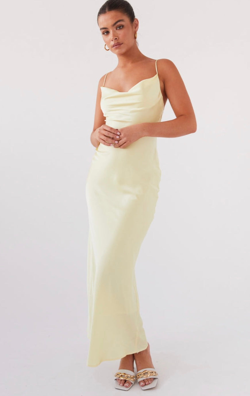 Joanna Satin Maxi Dress in Lemon