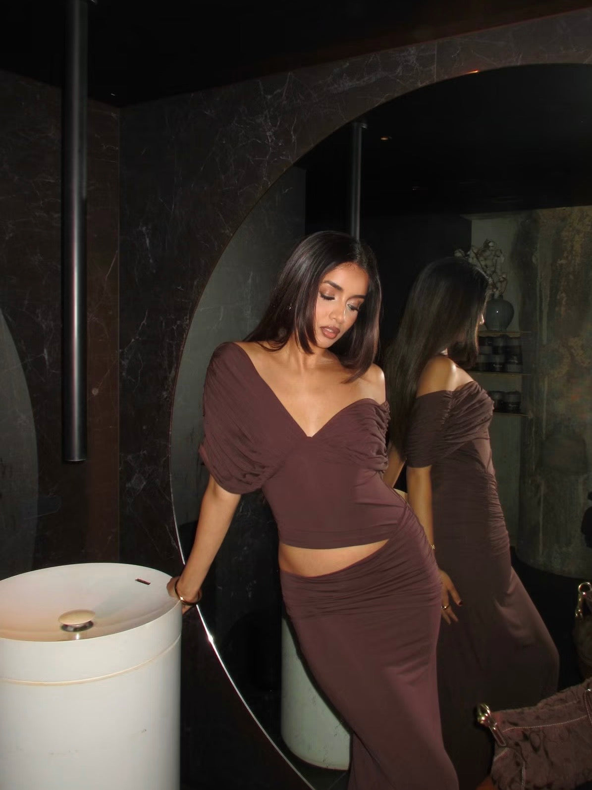 I'm Your Girl Off Shoulder Maxi in Chocolate