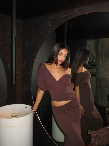 I'm Your Girl Off Shoulder Maxi in Chocolate