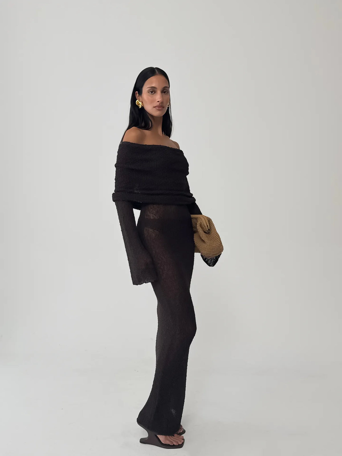 Marisol Off Shoulder Boucle Maxi Dress in Dark Chocolate
