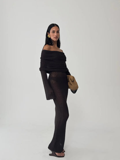Marisol Off Shoulder Boucle Maxi Dress in Dark Chocolate