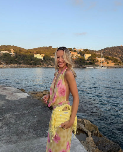 Columbine Maxi Dress in Yellow with Pink Flowers