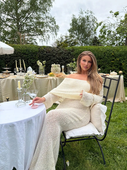 Marisol Off Shoulder Boucle Maxi Dress in Ivory