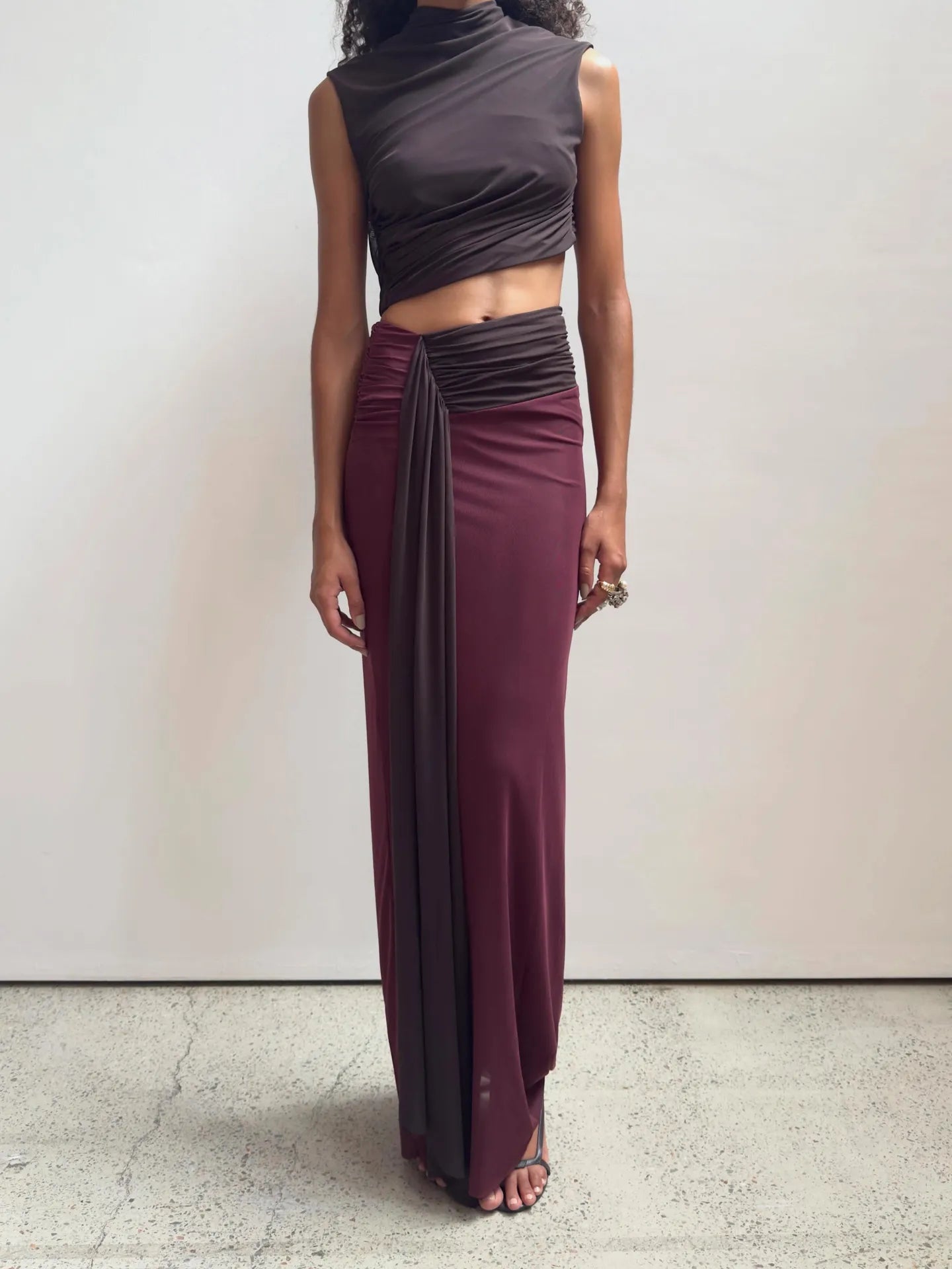 Conni Asym Dress in Aubergine/Dark Choc
