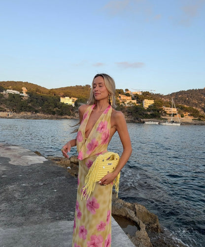 Columbine Maxi Dress in Yellow with Pink Flowers