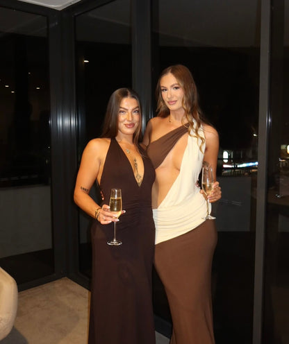 Loletta Draped One Shoulder Maxi in Chocolate/Yellow
