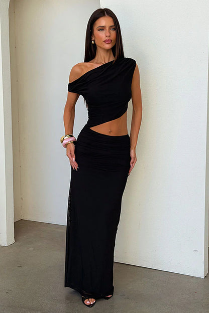 Tayissa Cut Out Mesh Maxi in Black