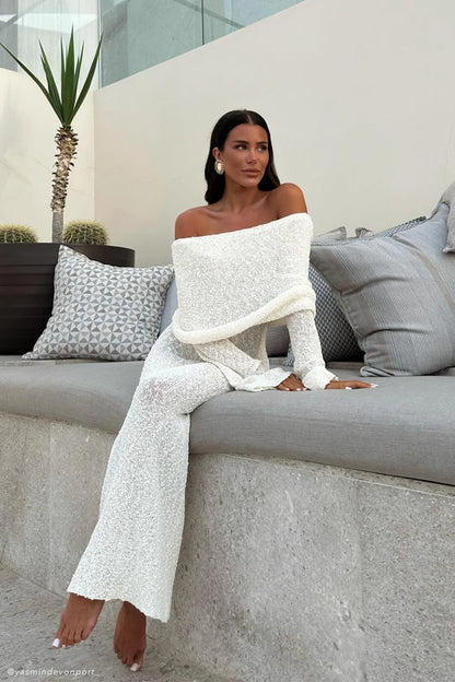 Marisol Off Shoulder Boucle Maxi Dress in Ivory