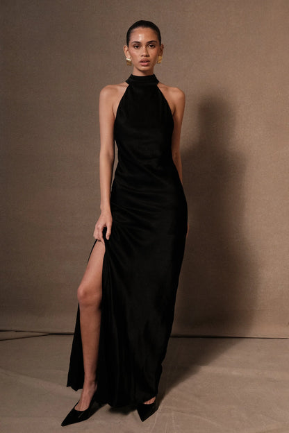 Claire Satin Drape Dress in Black