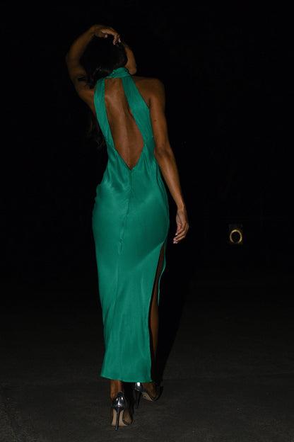 Claire Satin Drape Dress in Green