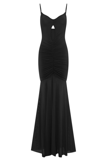 Delaney Slinky And Mesh Maxi Dress in Black