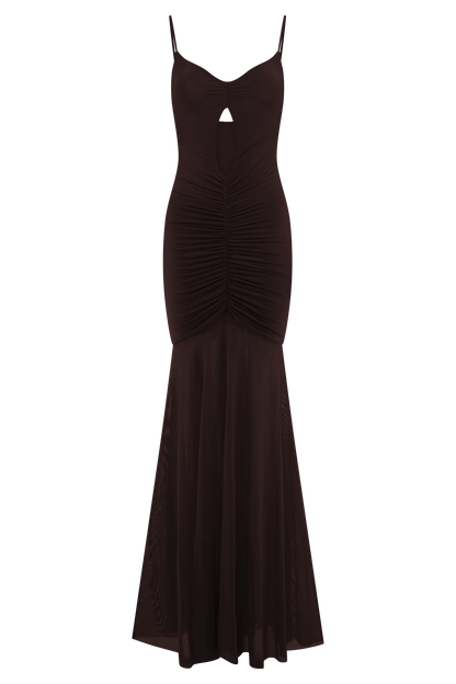 Delaney Slinky And Mesh Maxi Dress in Chocolate
