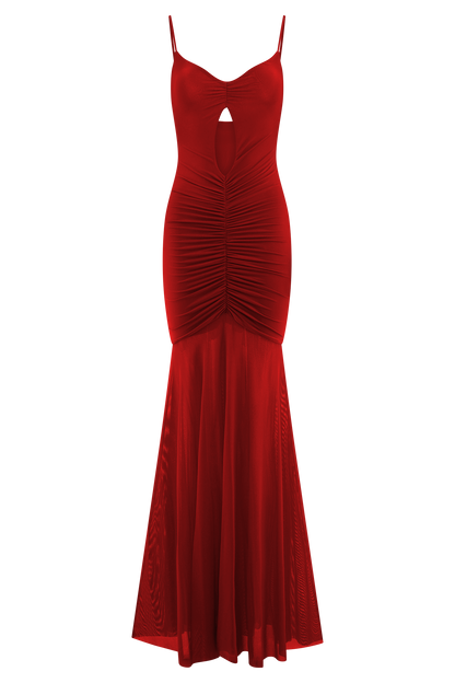 Delaney Slinky And Mesh Maxi Dress in Red