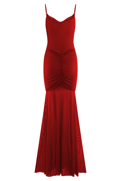 Delaney Slinky And Mesh Maxi Dress in Red