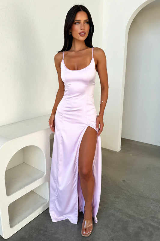 Violetta Scoop Neck Satin Maxi in Pink