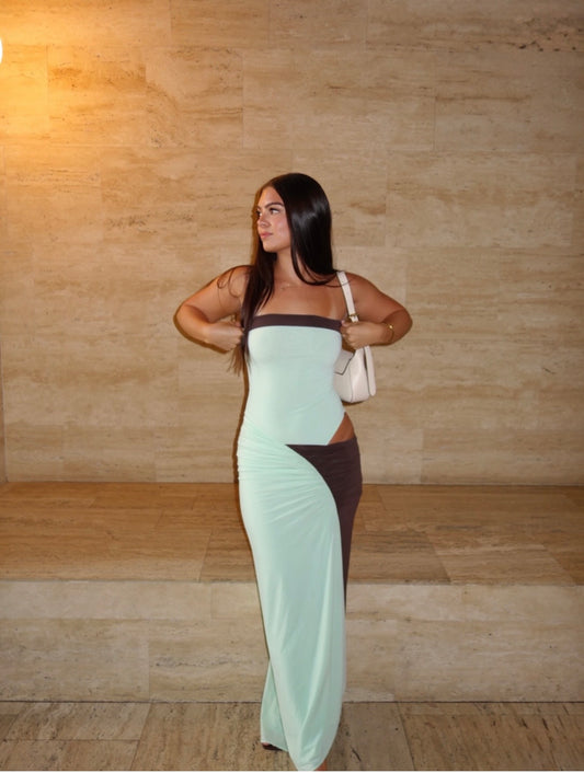 Rumi Strapless Maxi in Aqua/Choc