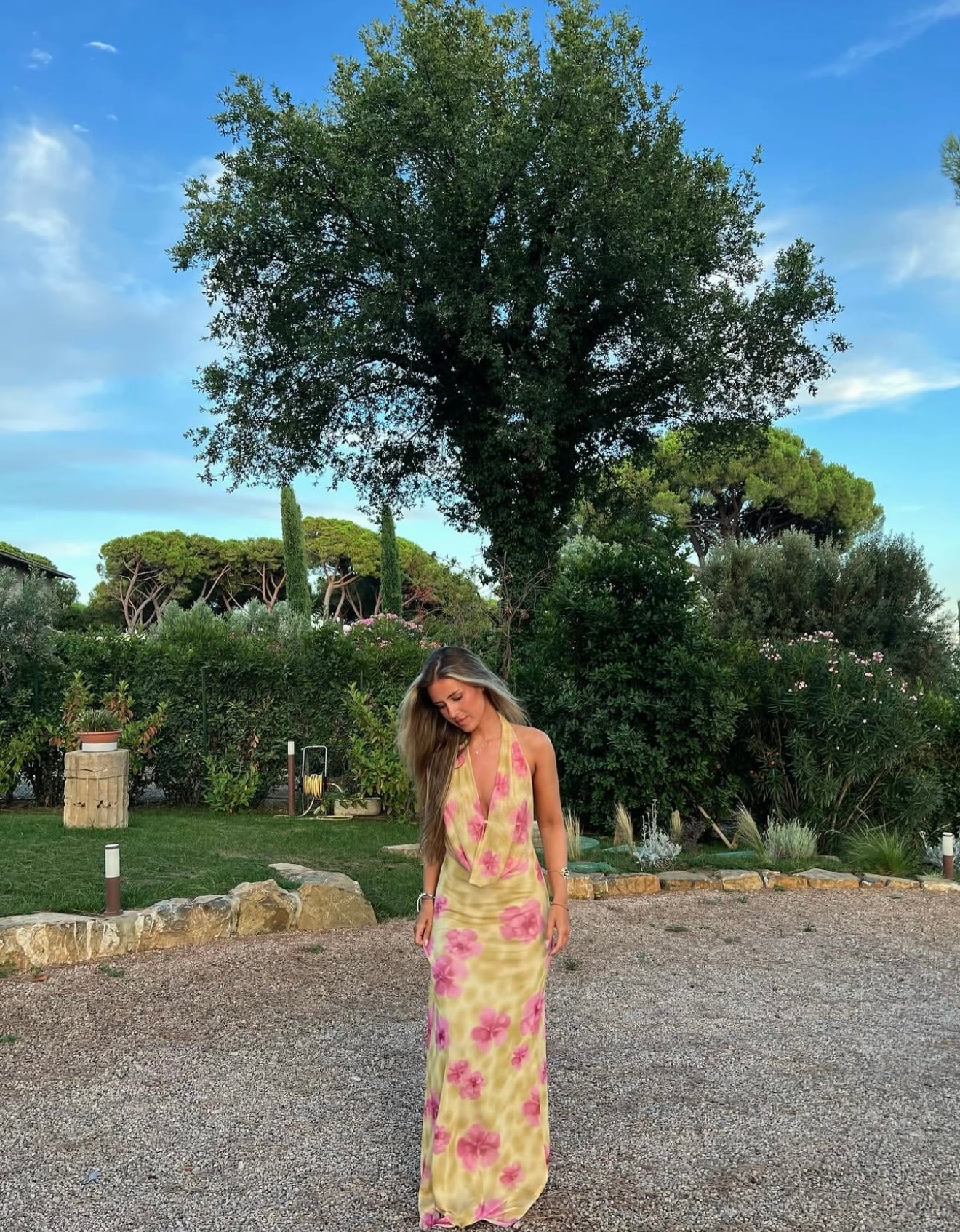 Columbine Maxi Dress in Yellow with Pink Flowers