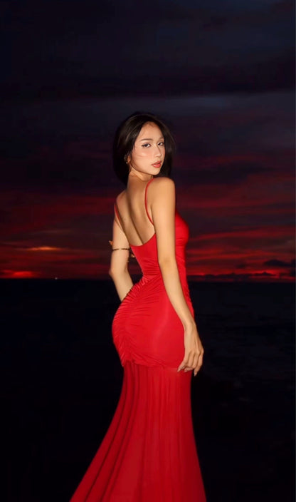 Delaney Slinky And Mesh Maxi Dress in Red