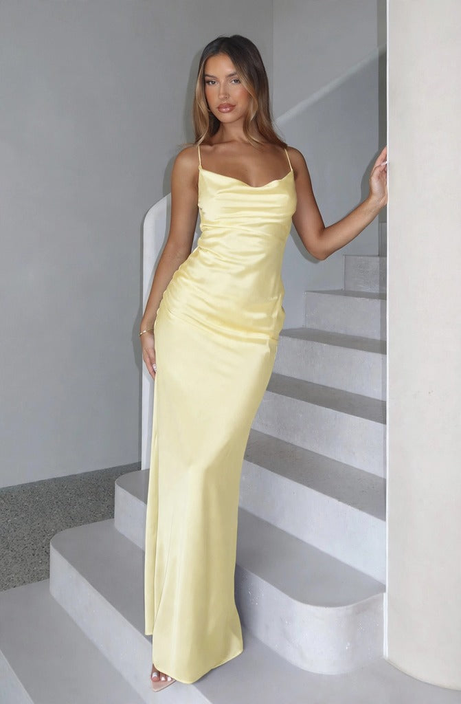 Joanna Satin Maxi Dress in Lemon - FOR SALE