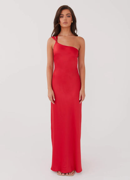 Delancy One Shoulder Maxi Dress in Rogue Red