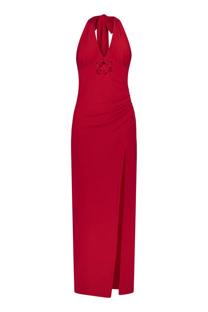 Halter Maxi Dress in Cherry Red Rose