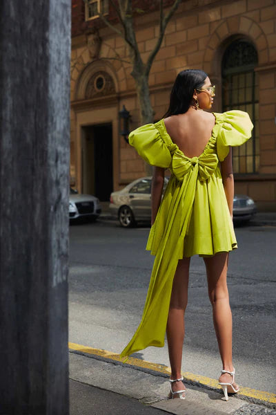 Gretta Bow Back Mini Dress in Chartreuse Green