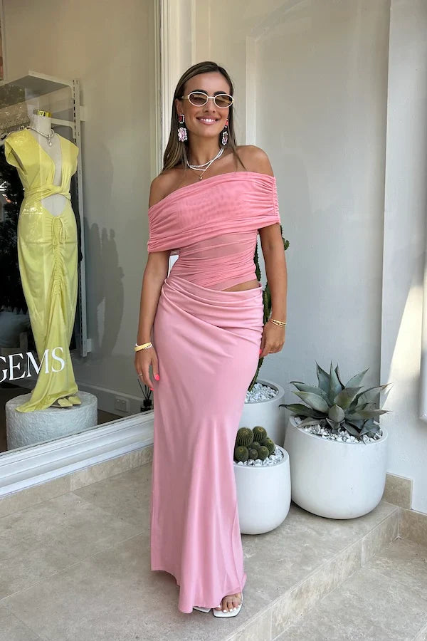 Nico Off Shoulder Maxi Dress in Candy Floss