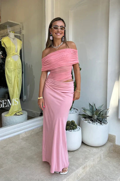 Nico Off Shoulder Maxi Dress in Candy Floss