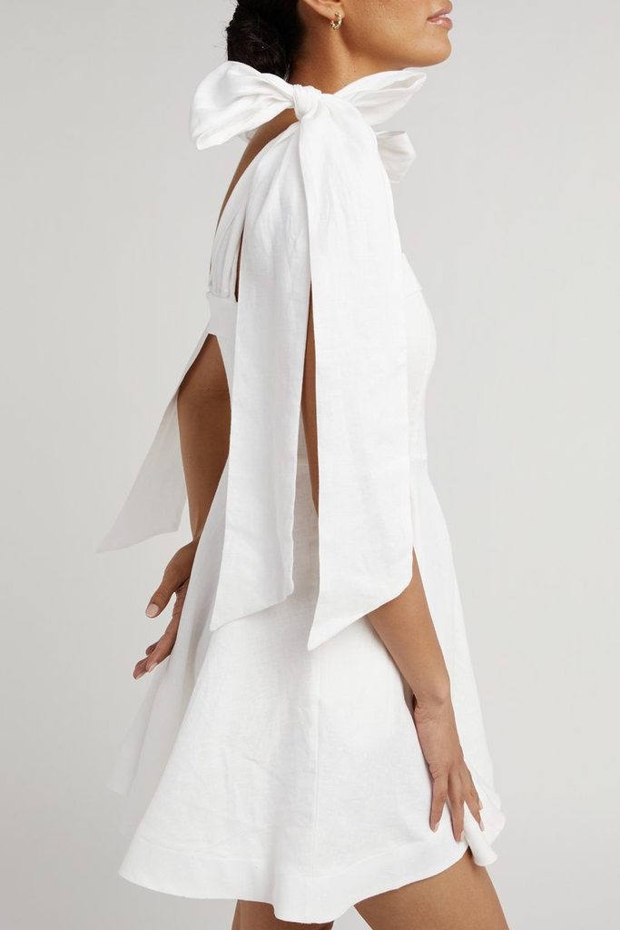 Aisle Linen Bow Dress in White - DISSH